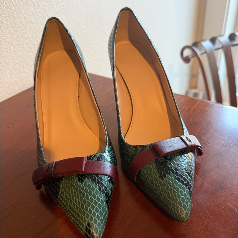 J. Crew Green Snakeskin Heels with Brown Accent